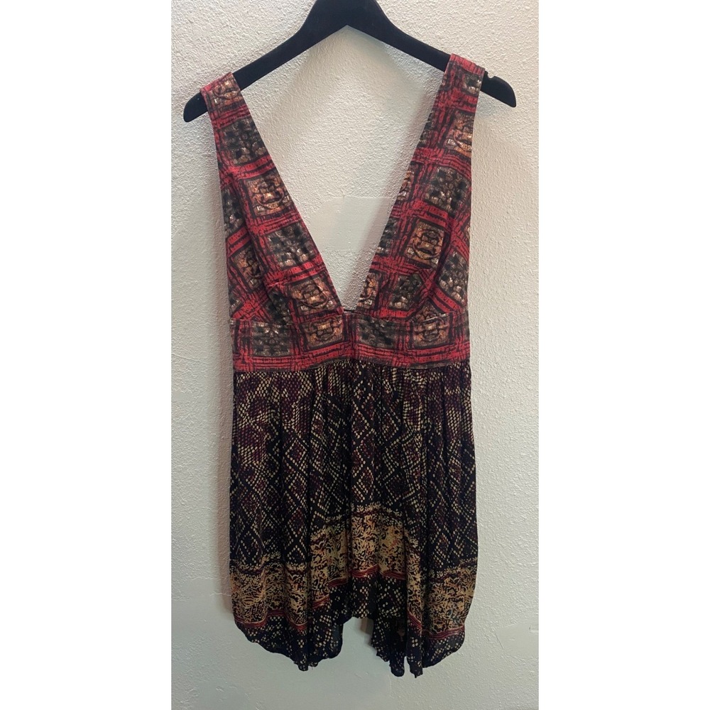 Free People Mini‎ Dress Womens M Red Black NWT Boho Lace Up Back Mixed Print